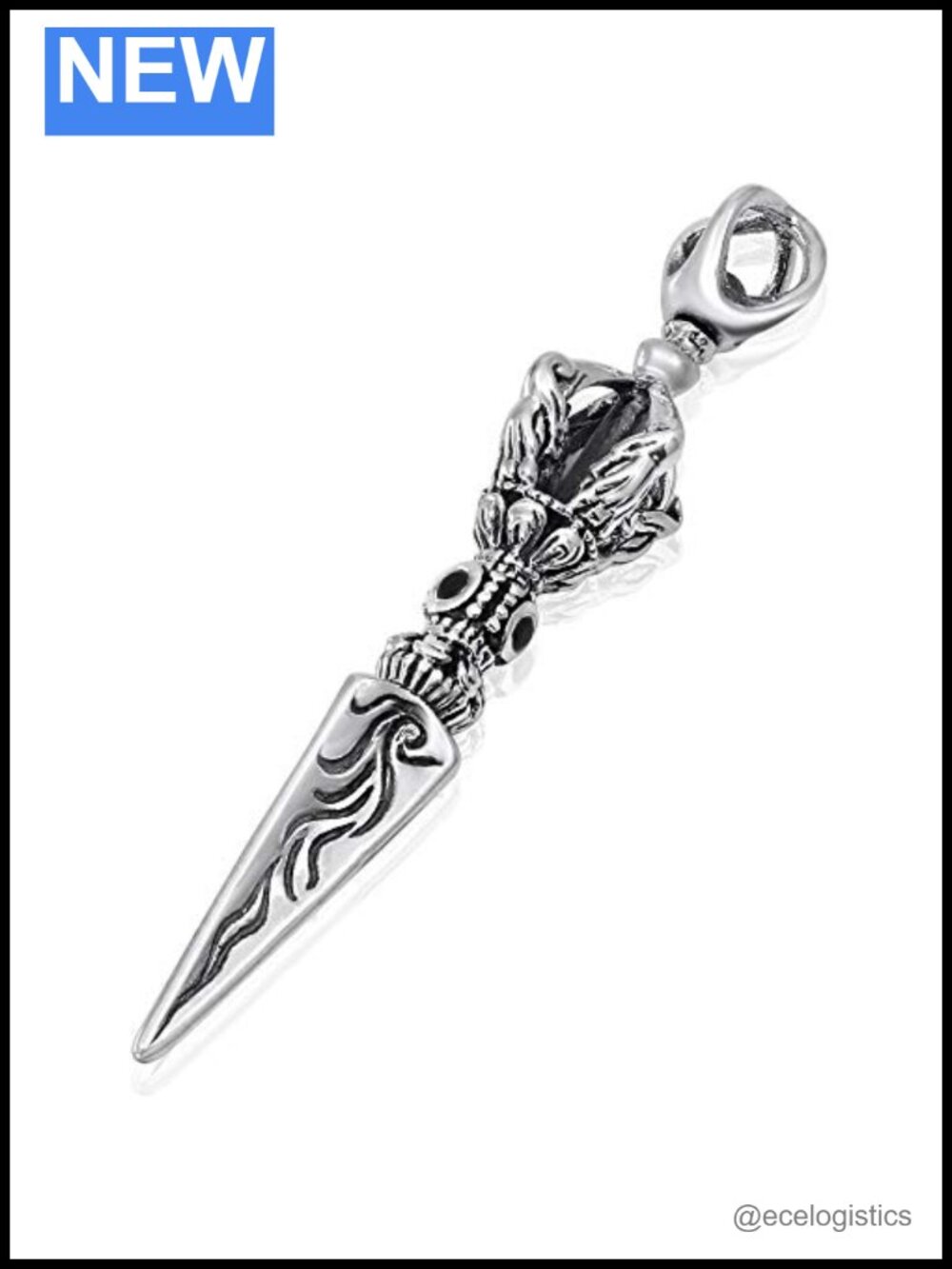925 Sterling Silver Phurba Pendant with Black CZ Stones